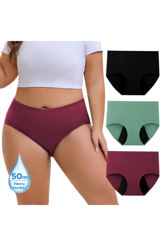 High Waist Plus Size Period Underwear for Women Heavy Flow Cotton Leakproof Panties 3 Pack(3XL,Holiday Mix)