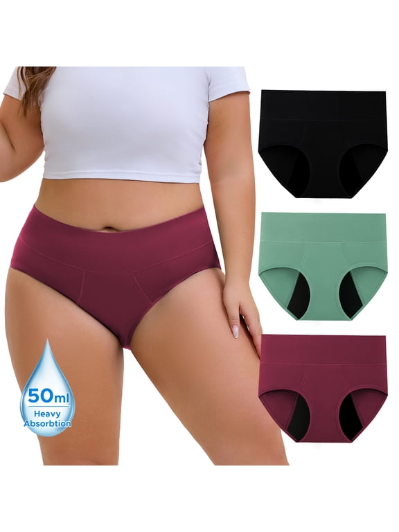 High Waist Plus Size Period Underwear for Women Heavy Flow Cotton Leakproof Panties 3 Pack(3XL,Holiday Mix)