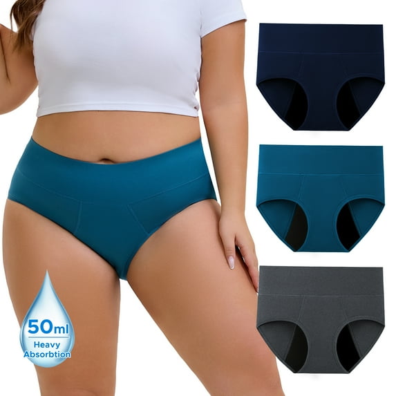 INNERSY High Waist Plus Size Period Underwear for Women Heavy Flow Cotton Leakproof Panties 3 Pack(4XL,Blue Grey)