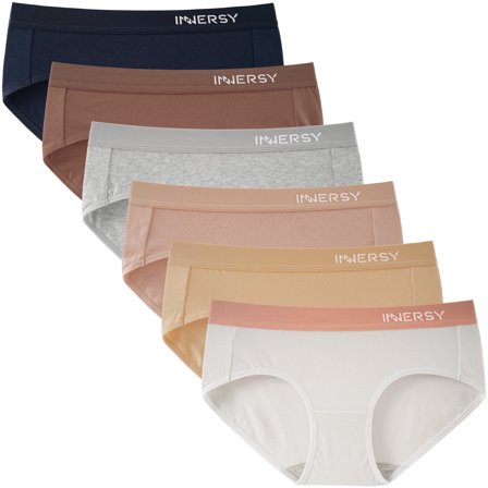 INNERSY Hipster Panties for Women Soft Cotton Sport Underwear Wide Waistband 6-Pack (X-Small, Basics)