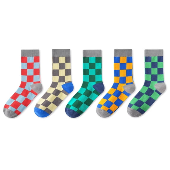 INNERSY Kids Boys Girls Cotton Socks Colorful Crew Socks for Teens 5 Pairs(M,Checkered Patterns A)