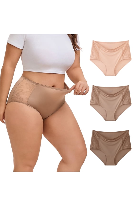 Lace Underwear for Women Plus Size XL-4XL High Waisted Silky Stretch Briefs 3-Pack(3XL,Beige/Khaki/Brown)