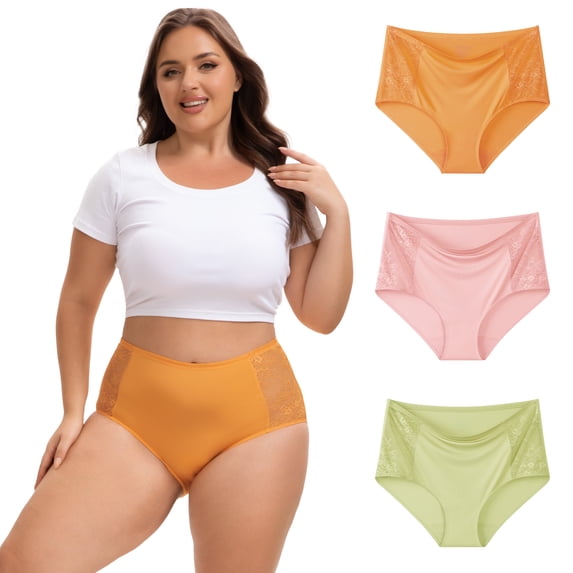 INNERSY Lace Underwear for Women Plus Size XL-4XL High Waisted Silky Stretch Briefs 3-Pack(2XL,Pink/Green/Orange)