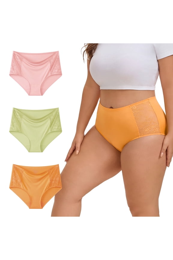 Lace Underwear for Women Plus Size XL-4XL High Waisted Silky Stretch Briefs 3-Pack(3XL,Pink/Green/Orange)