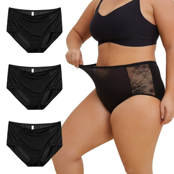INNERSY Lace Underwear for Women Plus Size XL-4XL High Waisted Silky Stretch Briefs 3-Pack(3X-Large,3 Black)