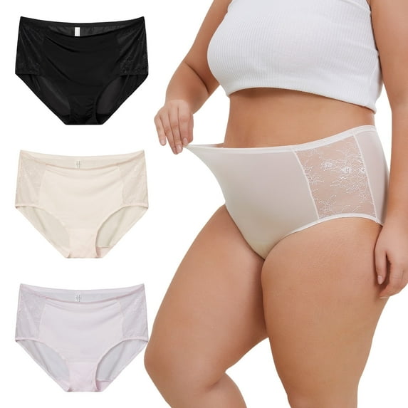 INNERSY Lace Underwear for Women Plus Size XL-4XL High Waisted Silky Stretch Briefs 3-Pack(XX-Large,Black/Light)