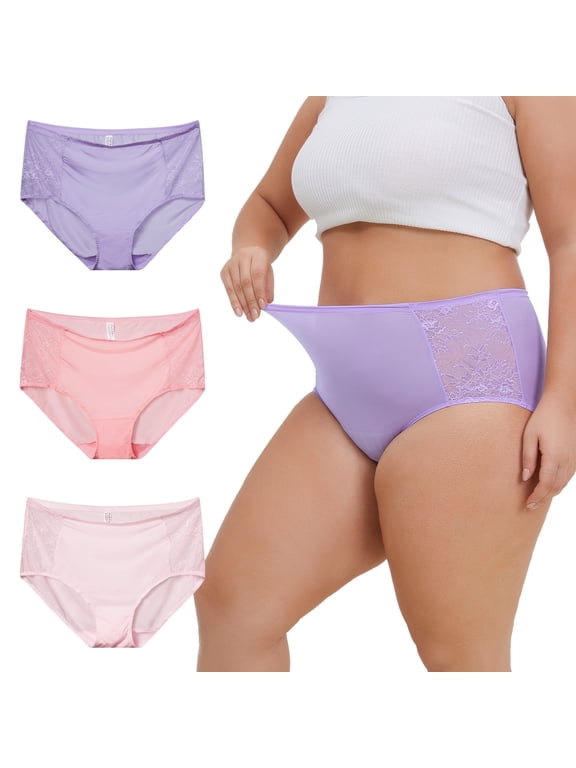 Lace Underwear for Women Plus Size XL-4XL High Waisted Silky Stretch Briefs 3-Pack(XX-Large,Purple Blush)