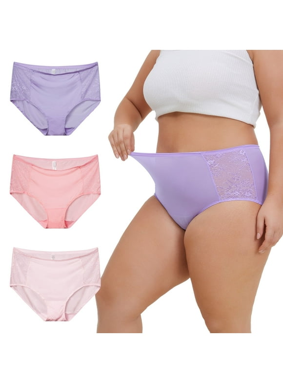 Lace Underwear for Women Plus Size XL-4XL High Waisted Silky Stretch Briefs 3-Pack(XX-Large,Purple Blush)