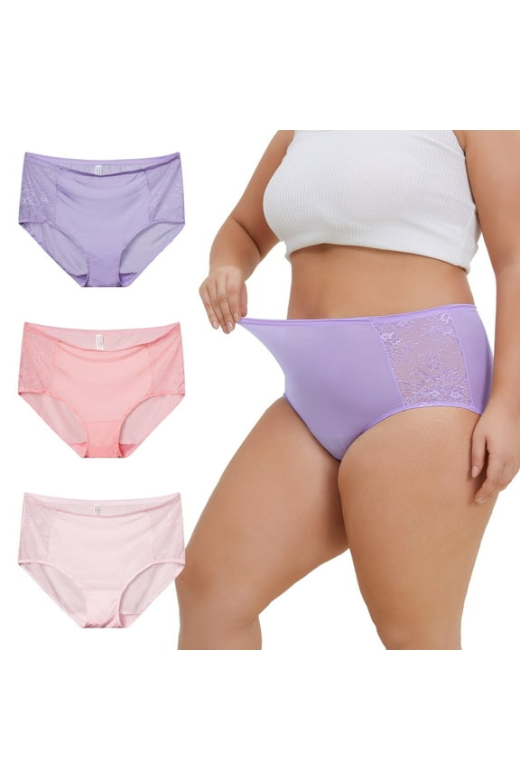 Lace Underwear for Women Plus Size XL-4XL High Waisted Silky Stretch Briefs 3-Pack(XX-Large,Purple Blush)