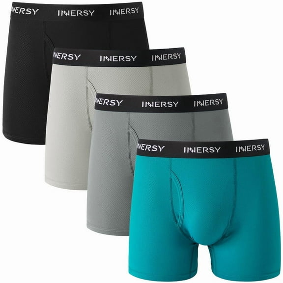 INNERSY Men's Mesh Boxer Briefs Cooling Breathable Sports Underwear W/Fly 4-Pack (M, Black/Lake Blue/Charcoal Gray/Cream Gray)