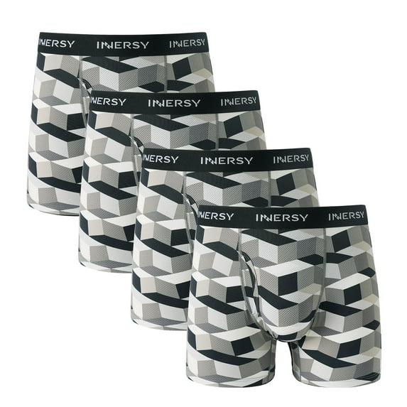 INNERSY Men's Underwear Soft Mesh Lightweight Breathable Boxer Briefs with Fly Pack of 4 (S, Solid Geometric)