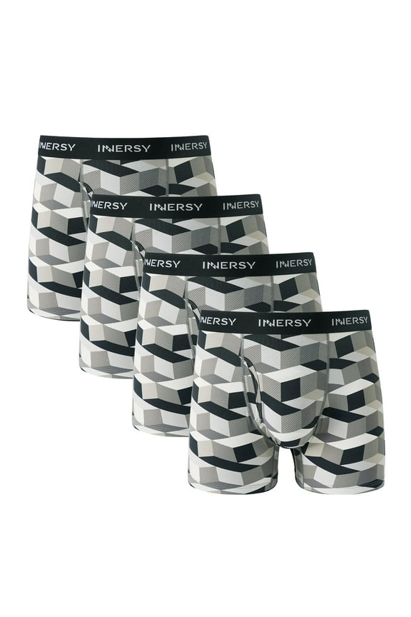 Men's Underwear Soft Mesh Lightweight Breathable Boxer Briefs with Fly Pack of 4 (S, Solid Geometric)