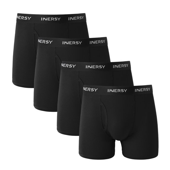 INNERSY Men's Underwear Soft Mesh Lightweight Breathable Boxer Briefs with Fly Pack of 4 (XL, Black)