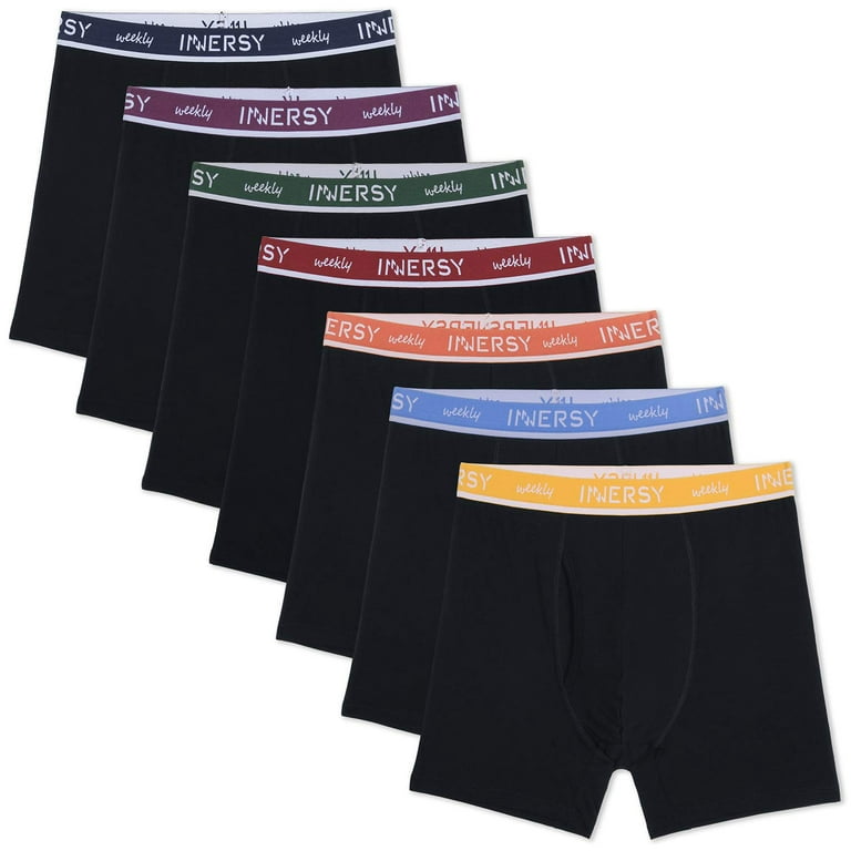 INNERSY Mens Boxer Briefs with Fly Cotton Stretchy Underwear 7 Pack (Black  With Colorful Waistband, Small) 