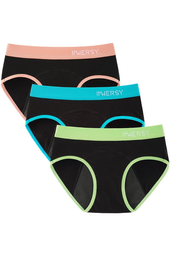 Period Panties for Girls Cotton Menstrual Underwear for First Period Starter 3-Pack (12-14 Years,Various Black)