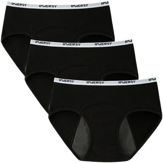 INNERSY Period Underwear for Teen Girls Cotton Leakproof Menstrual Panties 3 Pack (8-10 Years,Black with White Piping)