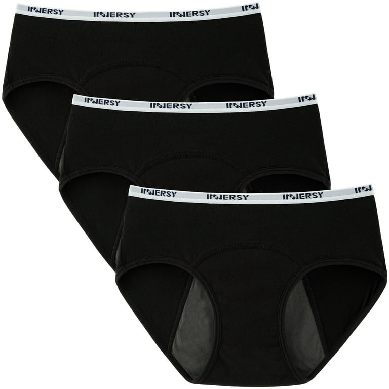 INNERSY Period Underwear for Teen Girls Cotton Leakproof Menstrual Panties  3 Pack (L(12-14 yrs), Black with White Piping)