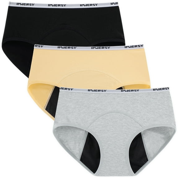 INNERSY Period Underwear for Teens Cotton Leekproof Menstrual Panties 3-Pack (10-12 Years,Black/Yellow/Gray)