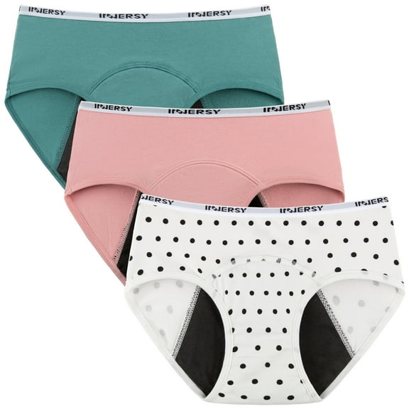 INNERSY Period Underwear for Teens Cotton Leekproof Menstrual Panties 3-Pack (12-14 Years,Refreshing Blue Pink Polka Dots)