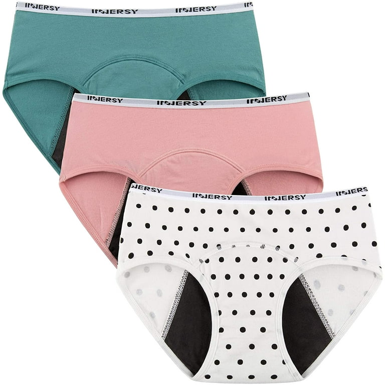 INNERSY Period Underwear for Teens Cotton Leekproof Menstrual Panties  3-Pack (L(12-14 yrs), Refreshing Blue Pink Polka Dots) 