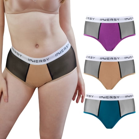 INNERSY Period Underwear for Women Mesh Sporty Menstrual Panties Briefs 3-Pack (2XL, Purple/Toffee/Lake Blue)