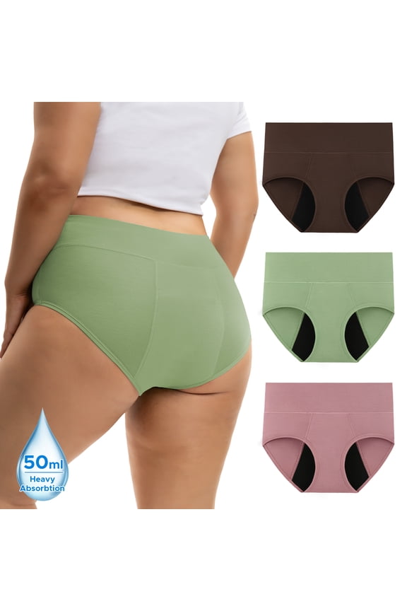 Womens Plus Size Period Underwear - High Waist Rayon from Bamboo 3-Pack, 50ml Heavy Flow(3XL,Green Mix)