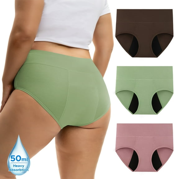 INNERSY Womens Plus Size Period Underwear - High Waist Rayon from Bamboo 3-Pack, 50ml Heavy Flow(3XL,Green Mix)