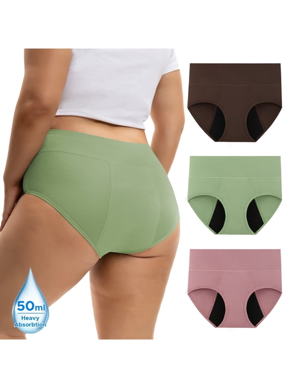 Womens Plus Size Period Underwear - High Waist Rayon from Bamboo 3-Pack, 50ml Heavy Flow(3XL,Green Mix)