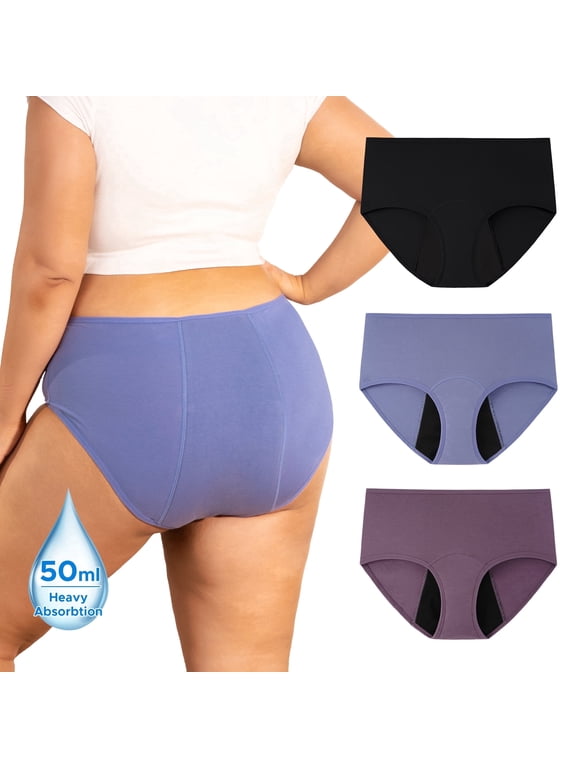 Plus Size Period Underwear for Women Heavy Flow Cotton Menstrual Panties 3-Pack(3XL,Twilight)
