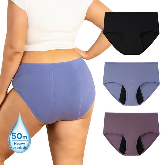 INNERSY Plus Size Period Underwear for Women Heavy Flow Cotton Menstrual Panties 3-Pack(5XL,Twilight)