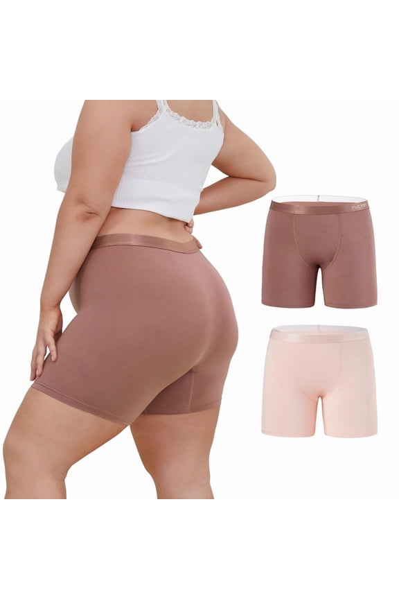 Plus Size Womens Boxer Briefs Modal 5" Boxers High-Waisted Soft Underwear 2 Pack(5XL,Brown Pink)