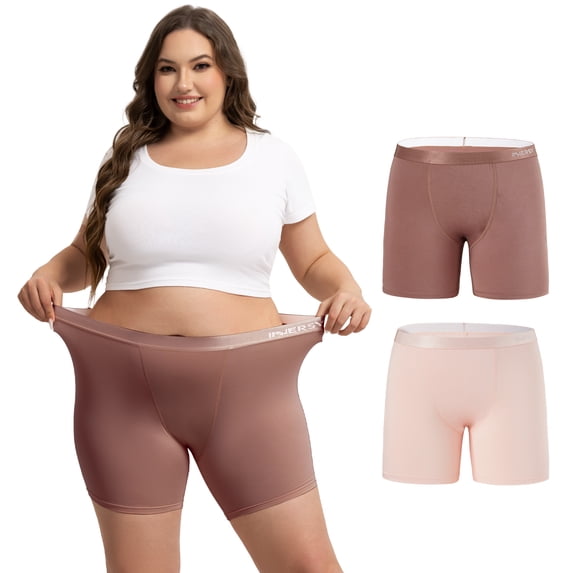 INNERSY Plus Size Womens Boxer Briefs Modal 5" Boxers High-Waisted Soft Underwear 2 Pack(XL,Brown Pink)
