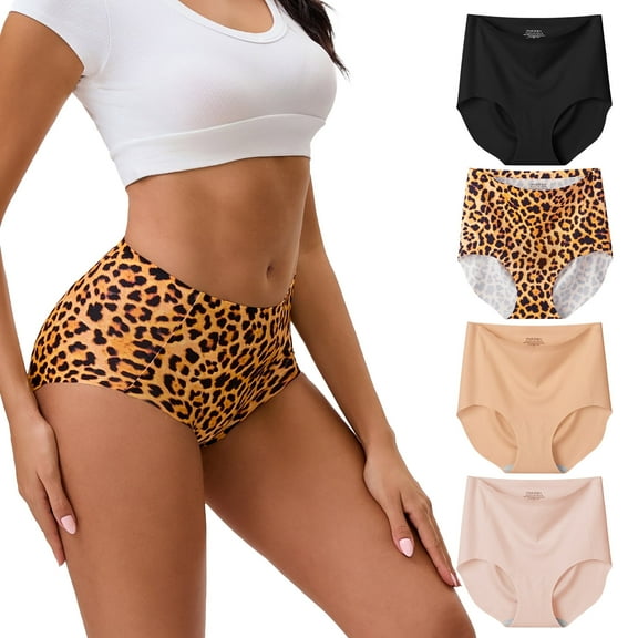 INNERSY Seamless High Waist Briefs Underwear for Women Soft No Show Panties 4 Pack(L,Leopard & Solid‌)