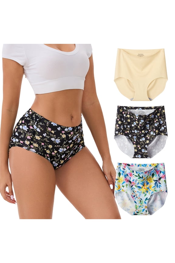 Seamless High Waisted Underwear for Women No Show Stretch Panties Briefs 3 Pack(L,Spring)