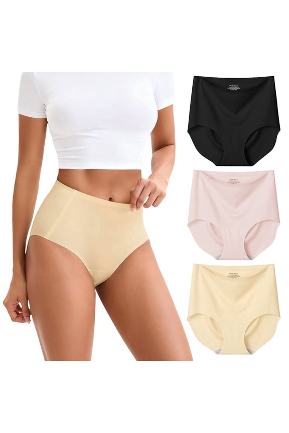 Seamless High Waisted Underwear for Women No Show Stretch Panties Briefs 3 Pack(L,Essential Tone)