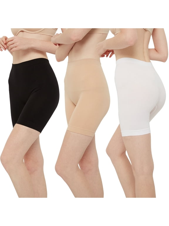Slip Shorts for Women High Waisted Under Dresses Summer Shorts 3 Pack (L, Black/Nude/White)