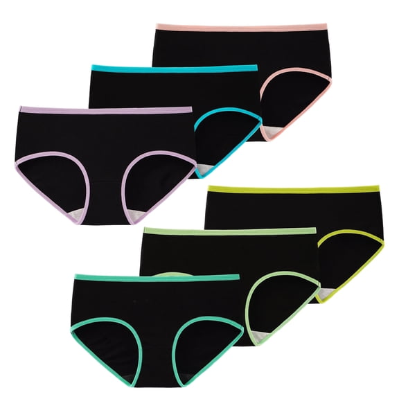 INNERSY Teen Girls Underwear Cotton Briefs Black Girls Panties 6 Pack (10-12 Years,Black With Neon Hem)