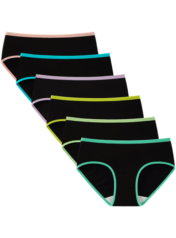 INNERSY Teen Girls Underwear Cotton Briefs Black Girls Panties 6 Pack (M(10-12 yrs), Black With Neon Hem)