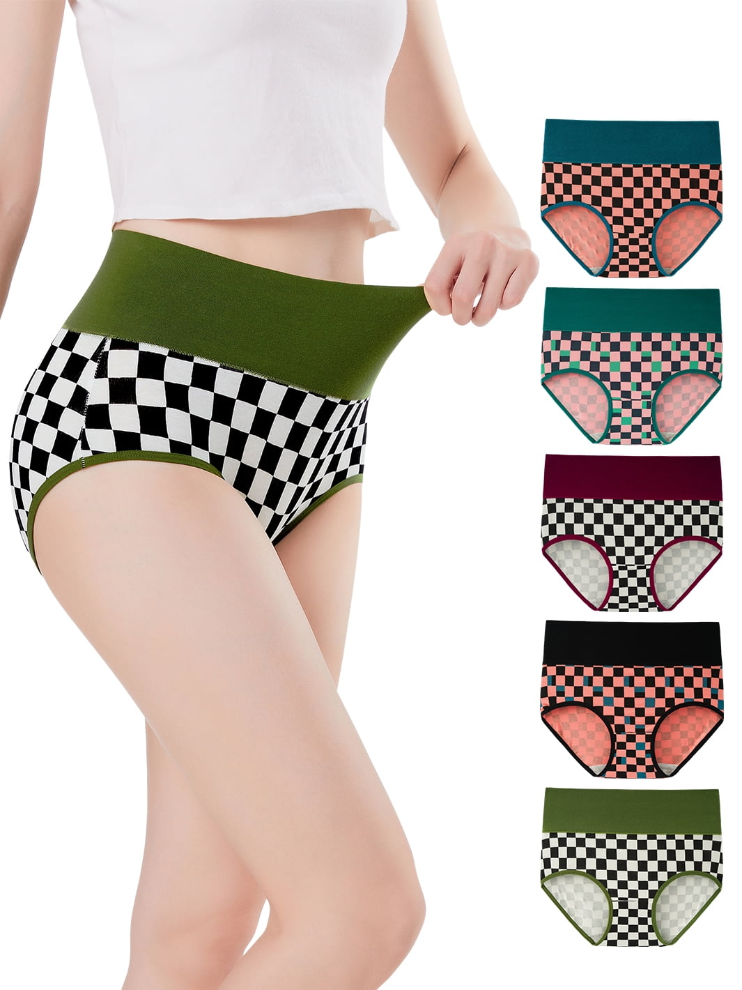 INNERSY Underwear for Women High Waisted Cotton Briefs Comfy Postpartum  Panties 5 Pack (3XL, Multicolor Checks) 