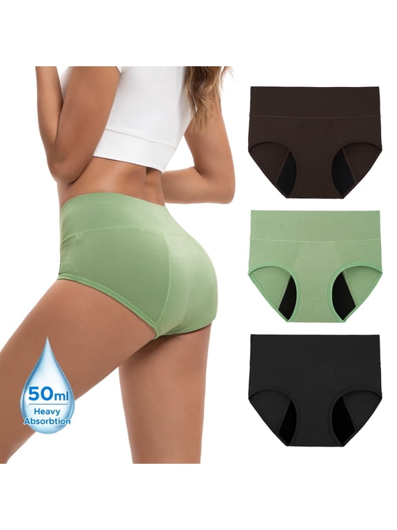 Women's Rayon from Bamboo Period Underwear - High Waist Leakproof Briefs for Heavy Flow, Breathable 3-Pack(L,Green Dark)