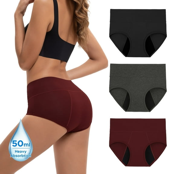 INNERSY Women's Rayon from Bamboo Period Underwear - High Waist Leakproof Briefs for Heavy Flow, Breathable 3-Pack(L,Dark Vintage)
