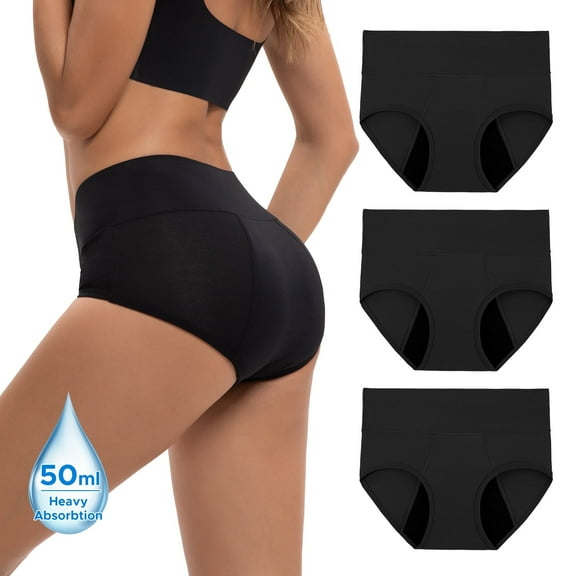 INNERSY Women's Rayon from Bamboo Period Underwear - High Waist Leakproof Briefs for Heavy Flow, Breathable 3-Pack(2XL,Black)