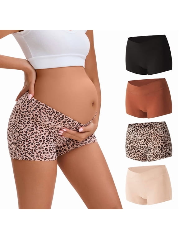 Women's Cotton Boyshorts Under The Bump Pregnancy Postpartum Maternity Underwear 4 Pack(M,Leopard Print)