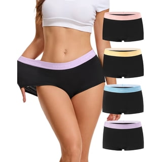 INNERSY Women's Cotton Boyshort Underwear Black Mid Rise Sport Panties 4 Pack(L,Black With Colorful Waistbands)