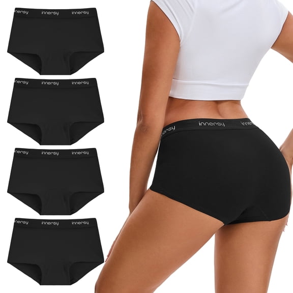 INNERSY Women's Cotton Mid-Rise Boxer Briefs Comfortable Boyshort Underwear 4-Pack(L,Black)