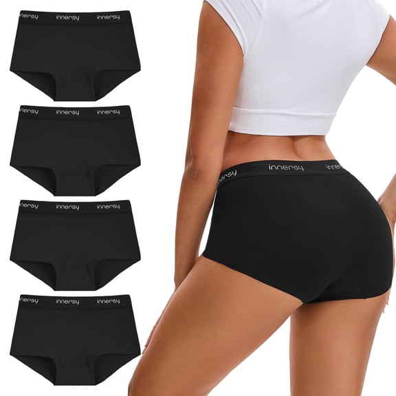 INNERSY Women's Cotton Mid-Rise Boxer Briefs Comfortable Boyshort Underwear 4-Pack(L,Black)