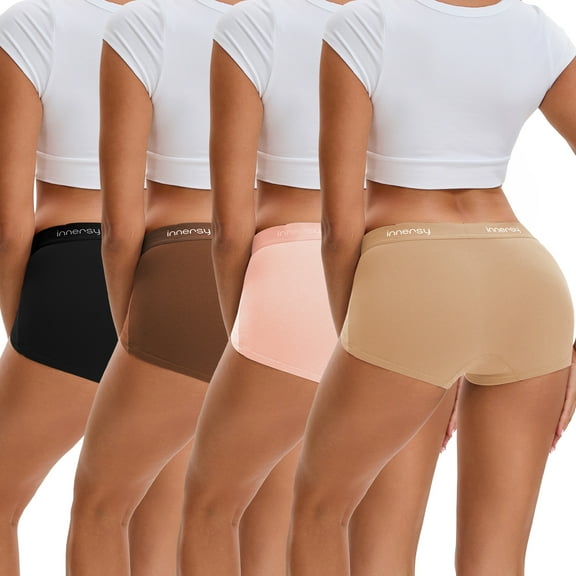 INNERSY Women's Cotton Mid-Rise Boxer Briefs Comfortable boyshort Underwear 4-Pack(L,Neutral Pastel)