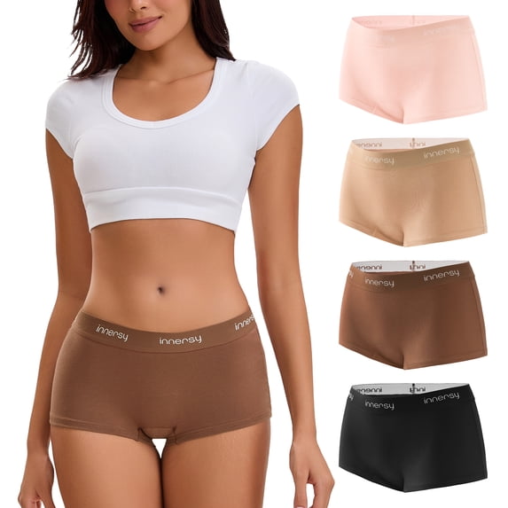 INNERSY Women's Cotton Boyshort Underwear Full Coverage Mid Rise Panties 4 Pack(XL,Neutral Pastel)