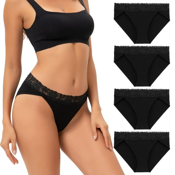 INNERSY Women’s High Cut Lace Bikini Panties Soft Cotton Underwear 4-Pack(Medium,Black)