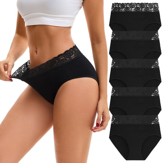 INNERSY Women’s High Waisted Lace Briefs Soft Cotton Underwear 5 Pack(2XL,Black)